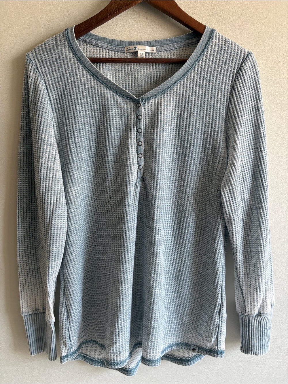 Seven7 Blue Waffle Knit Henley Top Long Sleeve Thermal Shirt Large